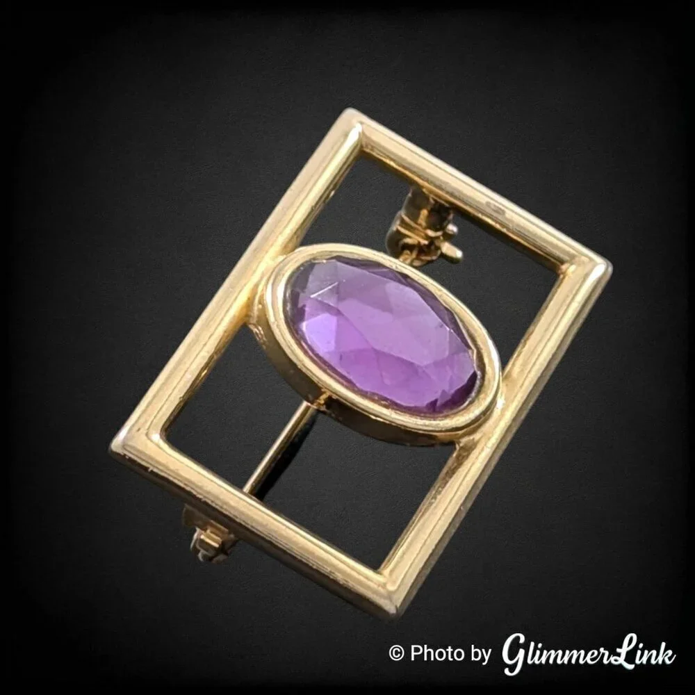 Vintage Art Deco Style Purple Acrylic Stone Openwork Gold Tone Rectangle Brooch
